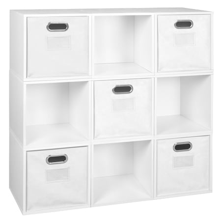 Niche Cubo Storage Organizer Open Bookshelf Set- 9 Cubes 5 Canvas Bins- White Wood Grain/White
